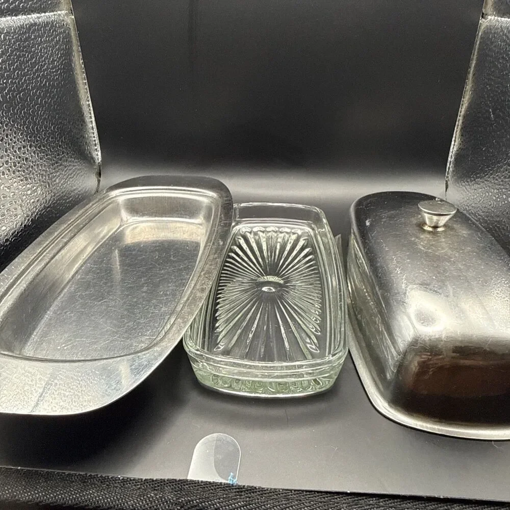3 Piece Stainless Steel Covered Butter Dish Glass Insert/lid Mid century Modern